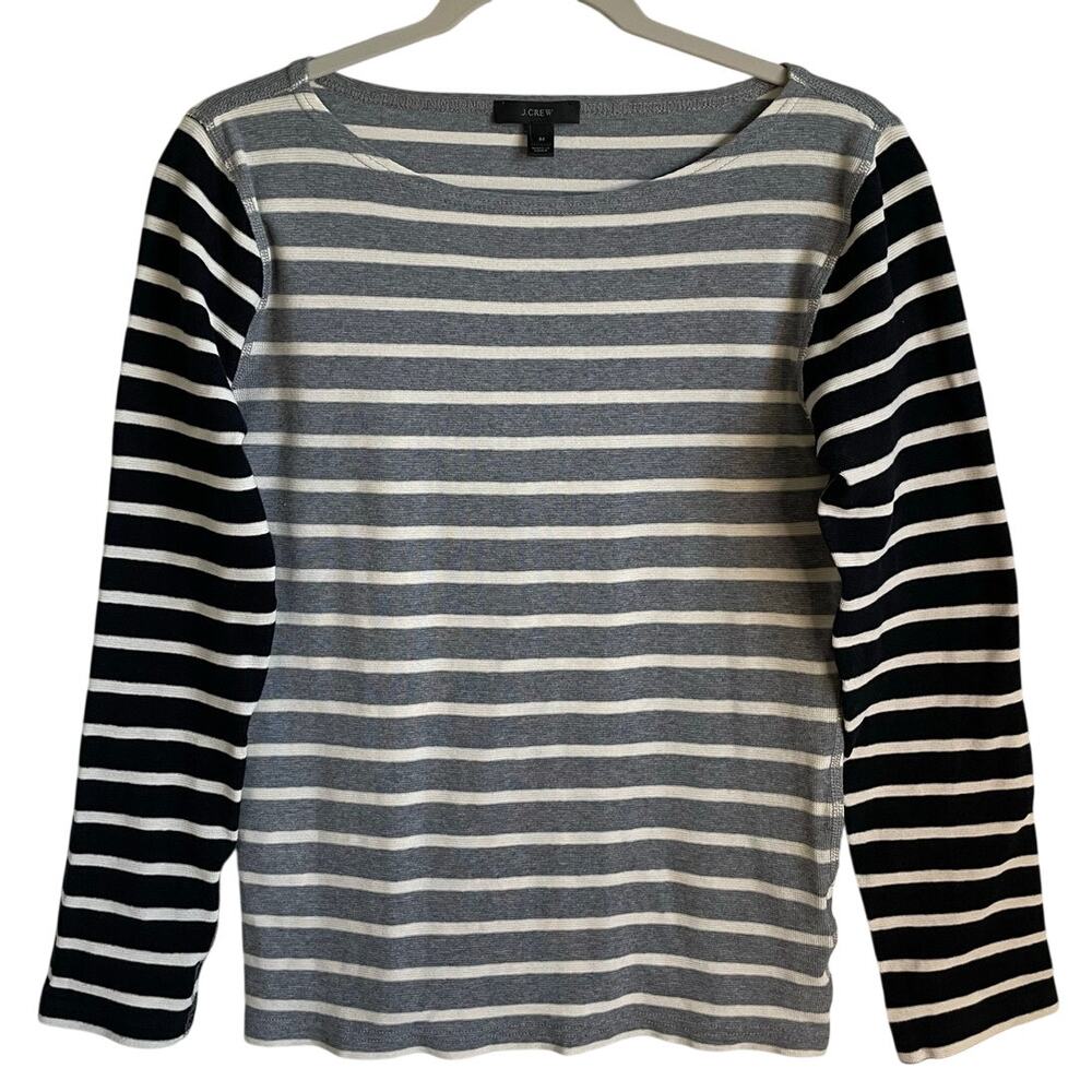 J. Crew Cotton Striped Knit Top Sz M Boat Neck Pullover Gray Black Preppy Casual